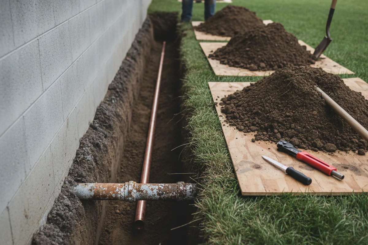 Excavated water line trench during Water Softener Installation in Detroit